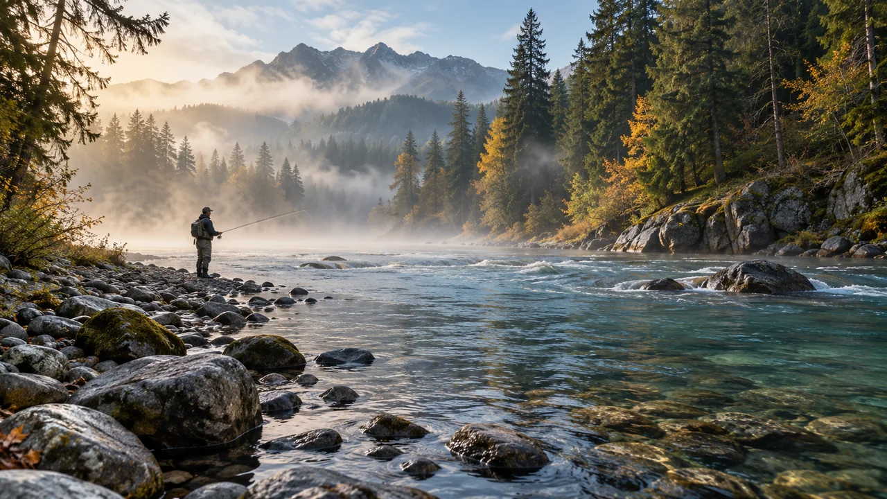 Illustrative angler along a wooded river